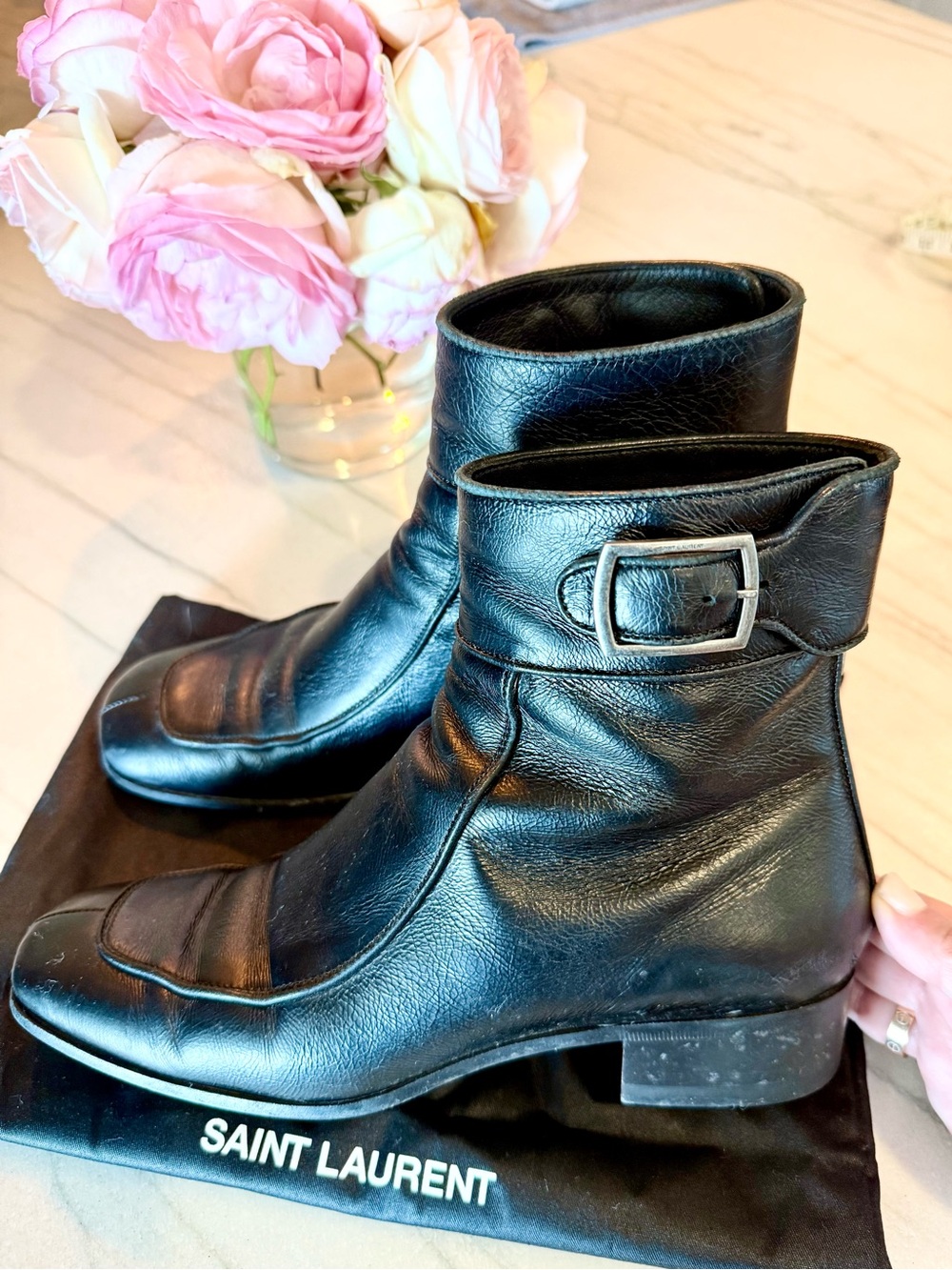 Saint Laurent Womens Black Leather Miles Ankle Boots with Buckle 7.5 37.5